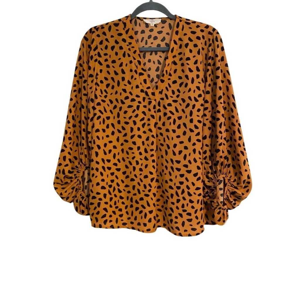 Entro Women's S Gold Black Blouse Leopard Print V-Neck Balloon Sleeves Tribal